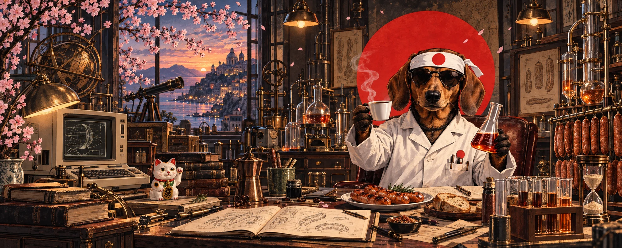 A dachshund scientist in a Japanese laboratory, with coffee, glassware and sausages
